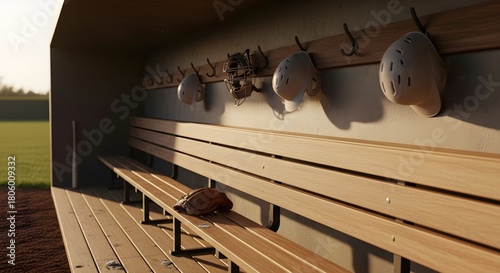 Baseball dugout interior with wooden benches helmets catcher's mask glove and bat