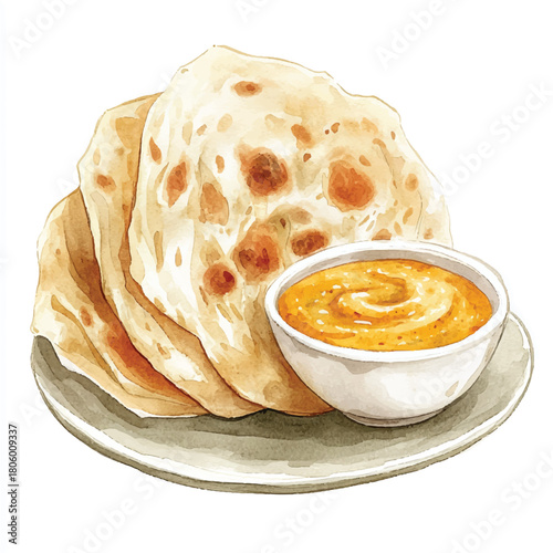 Indian Flatbread Roti with Curry Dip Illustration.
