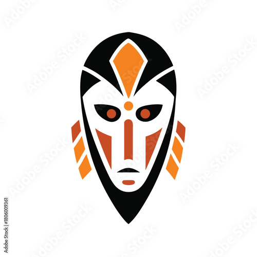 Tribal African Mask Icon with Orange and Black Accents on White Keywords: tribal, mask, african, icon, art, culture, design, symbol, face, ritual