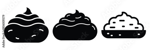 mashed potato minimal food icon set, black color and white background