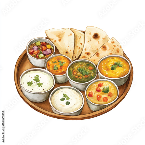 Indian food platter with various curries and flatbreads.