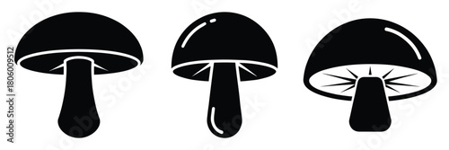 mushroom cap minimal food icon set, black color and white background
