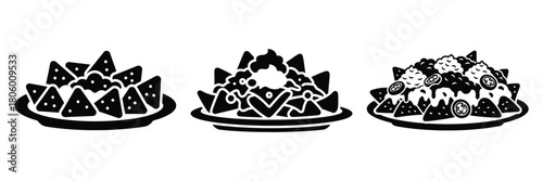 nachos plate minimal food icon set, black color and white background