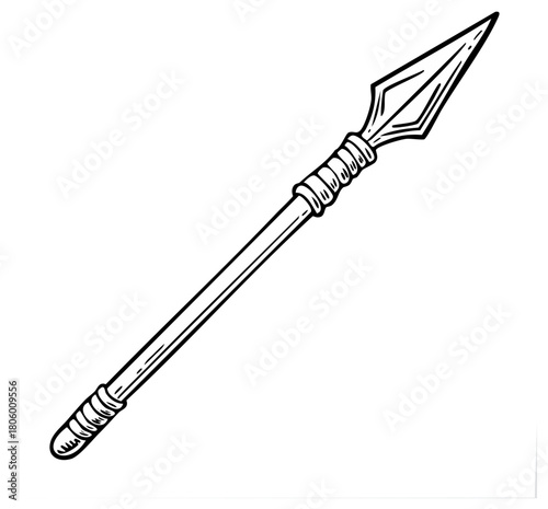 Hand-drawn spear illustration with a sharp pointed tip and ornamental wrapping isolated on a white background