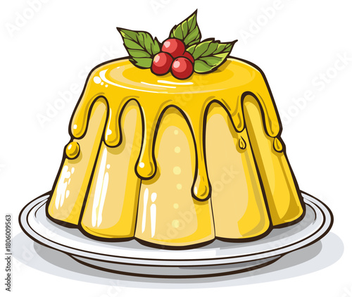 Festive holiday pudding with dripping yellow sauce and red berry garnish cartoon illustration