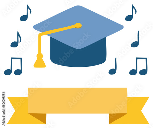 Graduation cap surrounded by musical notes with a blank banner for text