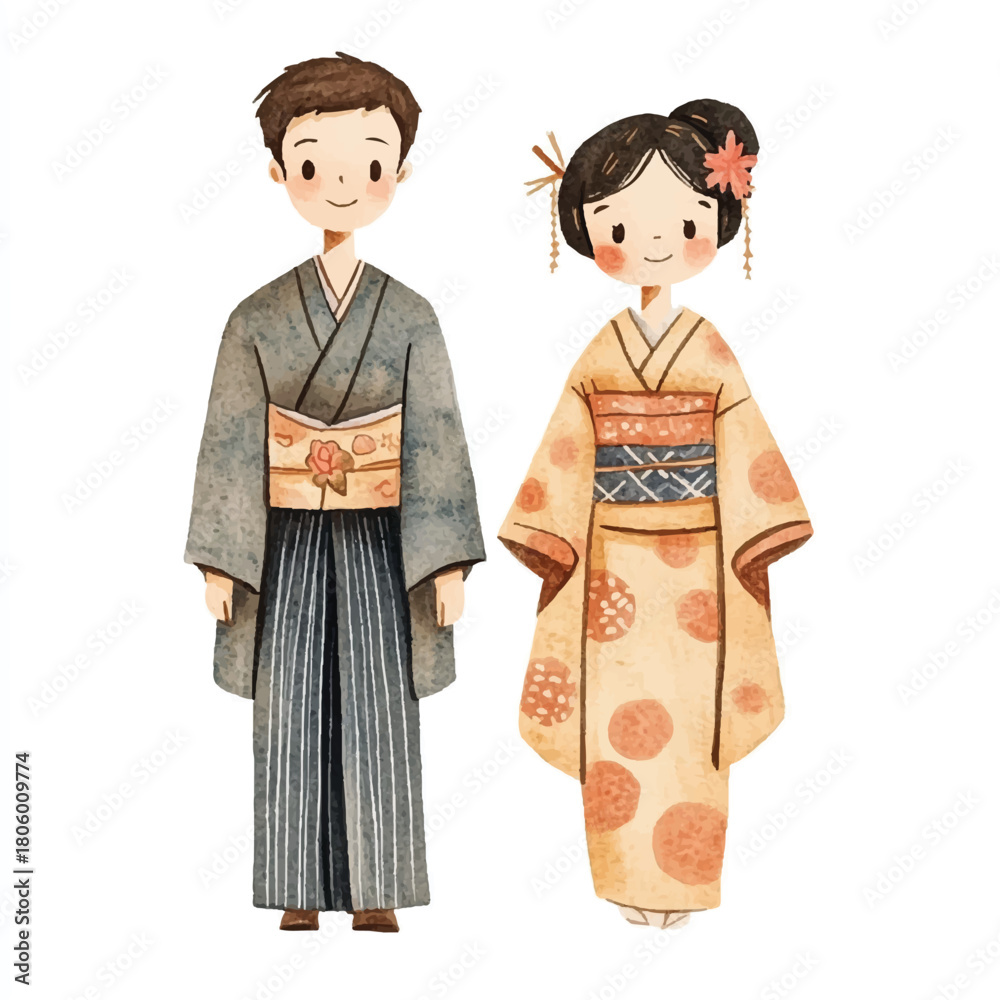 Fototapeta premium Japanese couple in traditional attire standing side by side watercolor illustration.