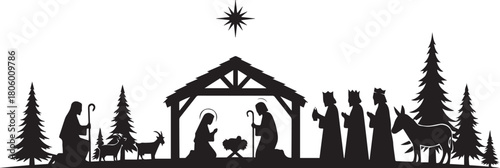 Black vector silhouette of Nativity scene, traditional manger, Christmas star, isolated on white background