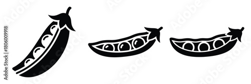 peas pod minimal food icon set, black color and white background