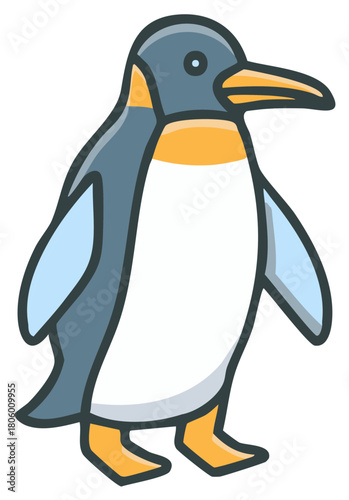 Cute cartoon penguin standing with flippers and yellow accents