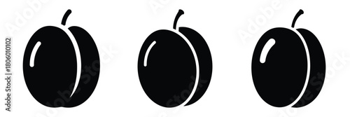 plum whole minimal food icon set, black color and white background