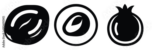 pomegranate seed minimal food icon set, black color and white background