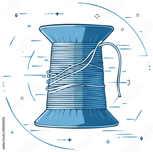 Illustration of Blue Thread Spool with White String and Decorative Accents