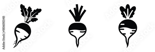 radish root minimal food icon set, black color and white background
