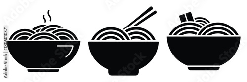 ramen bowl minimal food icon set, black color and white background
