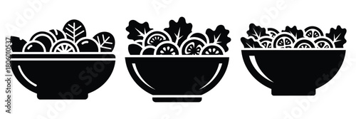 salad bowl minimal food icon set, black color and white background