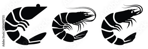 shrimp curve minimal food icon set, black color and white background