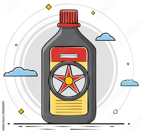 Motor oil bottle illustration with a star symbol and decorative elements