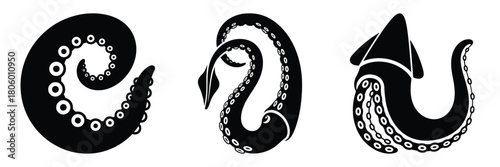 squid tentacle minimal food icon set, black color and white background