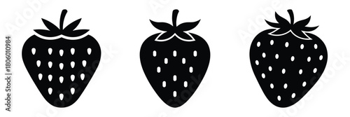 strawberry fresh minimal food icon set, black color and white background