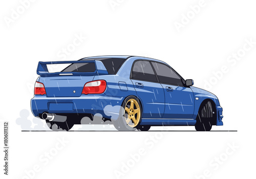 Blue Sports Car with Large Spoiler and Gold Wheels Drifting in Rain Rear View Illustration.