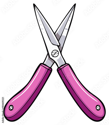 A bold cartoon illustration of crossed pink scissors for crafting sewing and manicures