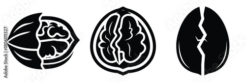 walnut cracked minimal food icon set, black color and white background