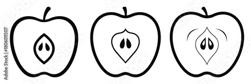 apple slice minimal food icon set, black color and white background