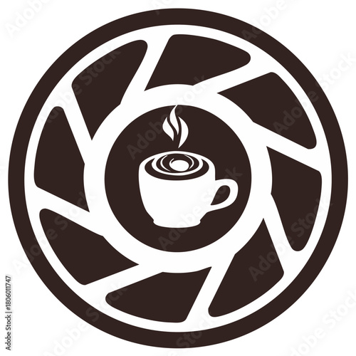 Abstract Aperture Icon with Coffee Cup at Center in Flat Black and White
