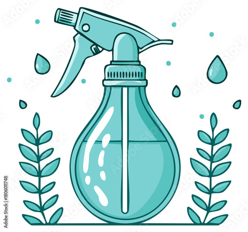 Turquoise spray bottle with leaves and water droplets illustration