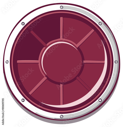 Maroon industrial round porthole or ship window with metal frame and rivets vector illustration