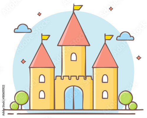 Whimsical Fairy Tale Castle with Flags and Towers Cartoon Illustration