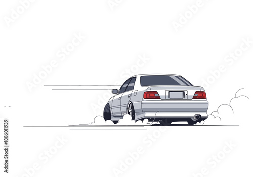 Stylized illustration of a white Japanese tuner car drifting with tire smoke.