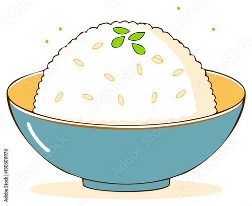 Steaming white rice in blue bowl with green leaf garnish detailed culinary illustration
