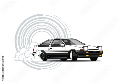 White sports car drifting with smoke and circular motion graphics.