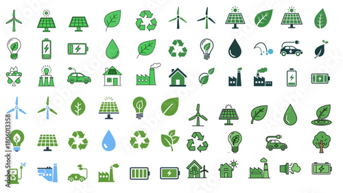 Green Energy and Sustainability Solid Icon Set – Eco-Friendly Power Symbols, Renewable Resources, and Environmental Conservation Vector Graphics
