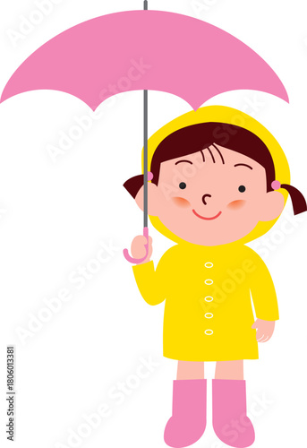 傘をさすレインコートの女の子
