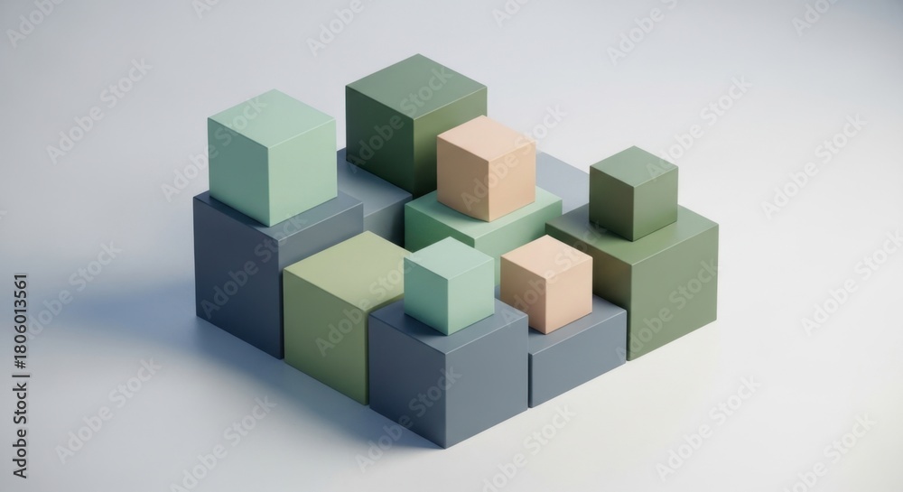 Fototapeta premium Abstract geometric block arrangement with pastel color cubes on a clean background