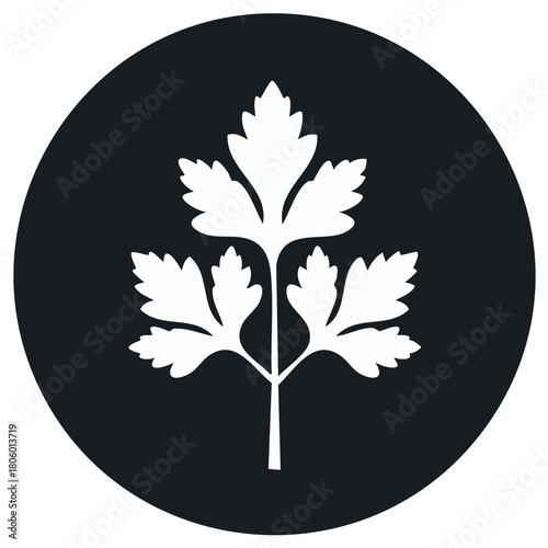 Parsley sprig white on black circle minimalist herb icon healthy food cooking ingredient