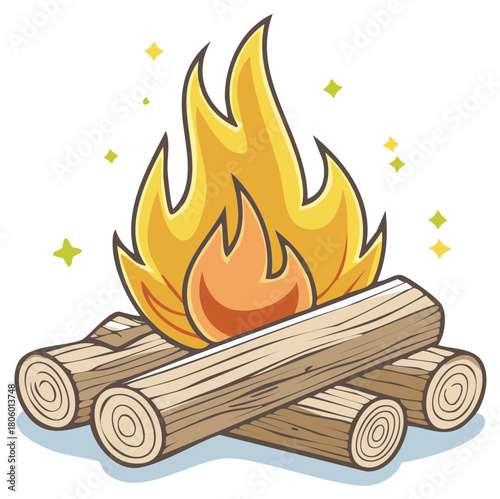 Cartoon campfire illustration with burning flames and wood logs