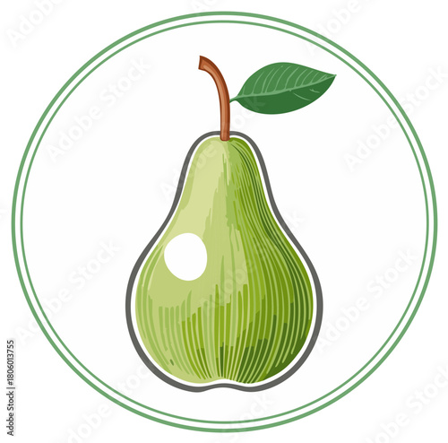 Fresh green pear fruit graphic design with leaf and stem in a crisp circular border