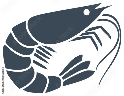 Simple dark gray shrimp icon, stylized prawn silhouette illustration for a seafood logo or symbol