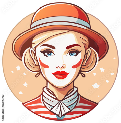 Stylized blonde woman with blue eyes, red lips, and a wide-brimmed hat, wearing a striped shirt, illustrated in a vintage comic book style.