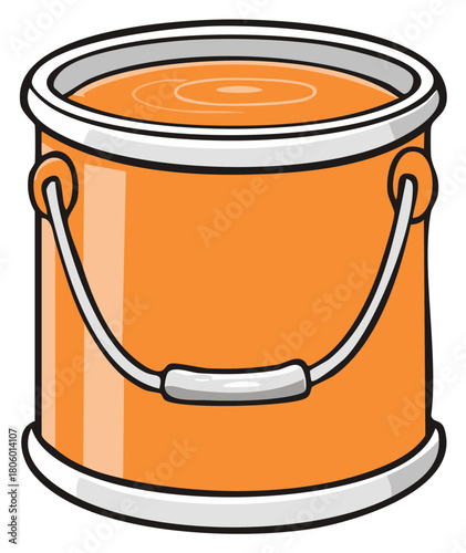 Cartoon illustration of an open can full of orange paint with a handle