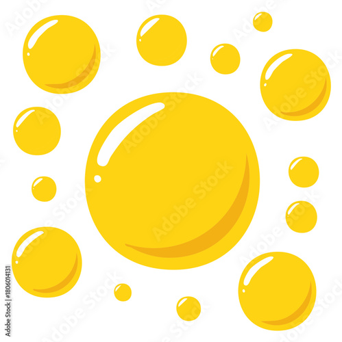 Shiny yellow liquid bubbles illustration with glossy highlights on an isolated background