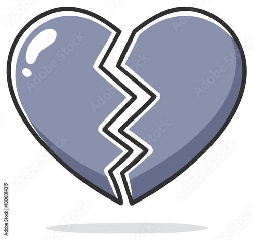 Gray broken heart icon in cartoon style symbolizing sadness, loss, and breakup.
