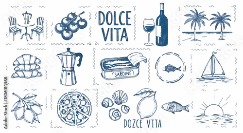 Hand-drawn vector icons set of Italian food, travel, and Mediterranean lifestyle elements