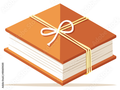 Illustrated brown book bound with ribbon, isometric view. A vintage journal or sketchbook wrapped in cream colored string.