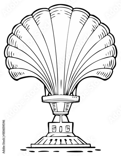 Black and White Engraving of Scallop Shell atop a Pedestal Base