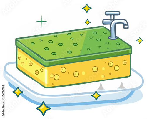 Cartoon cleaning sponge with faucet and sparkling white dish soap holder illustration